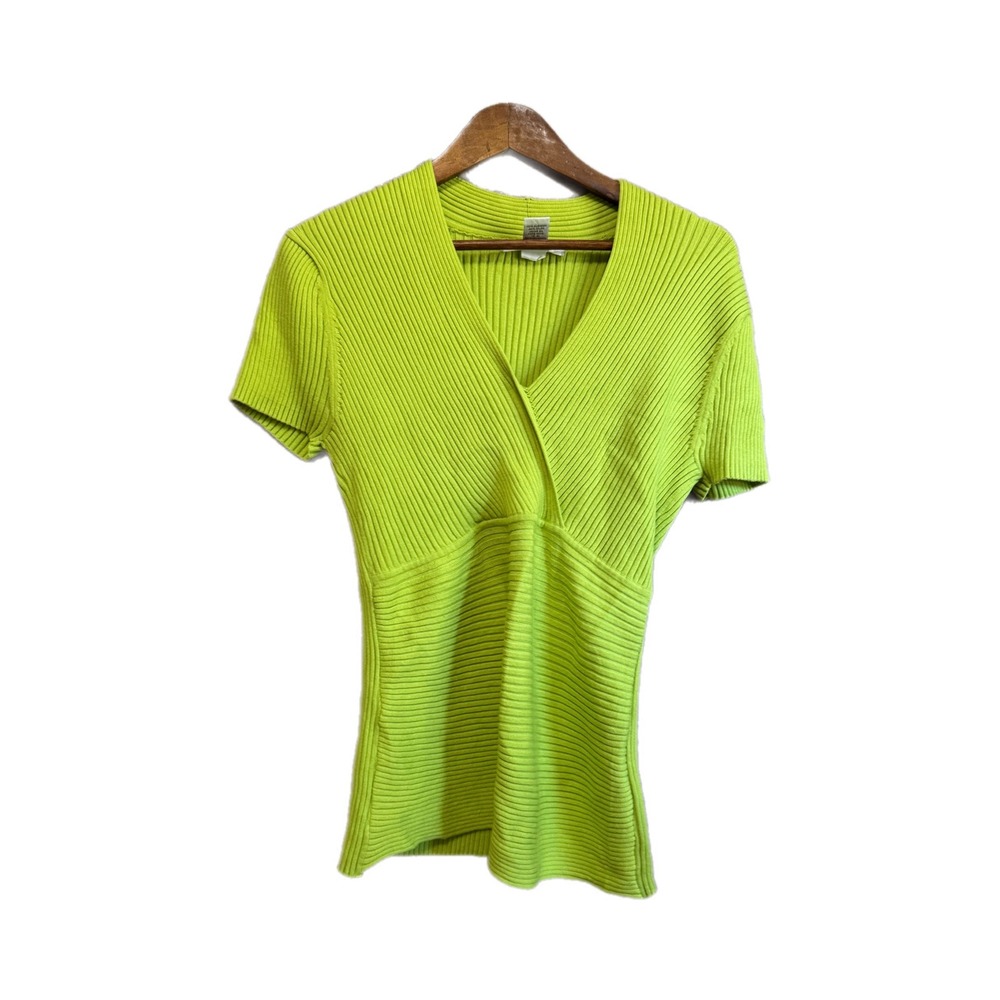 August Silk Knit Top Women XL Lime Green Excellent Ribbed Surplice V-Neck 07630